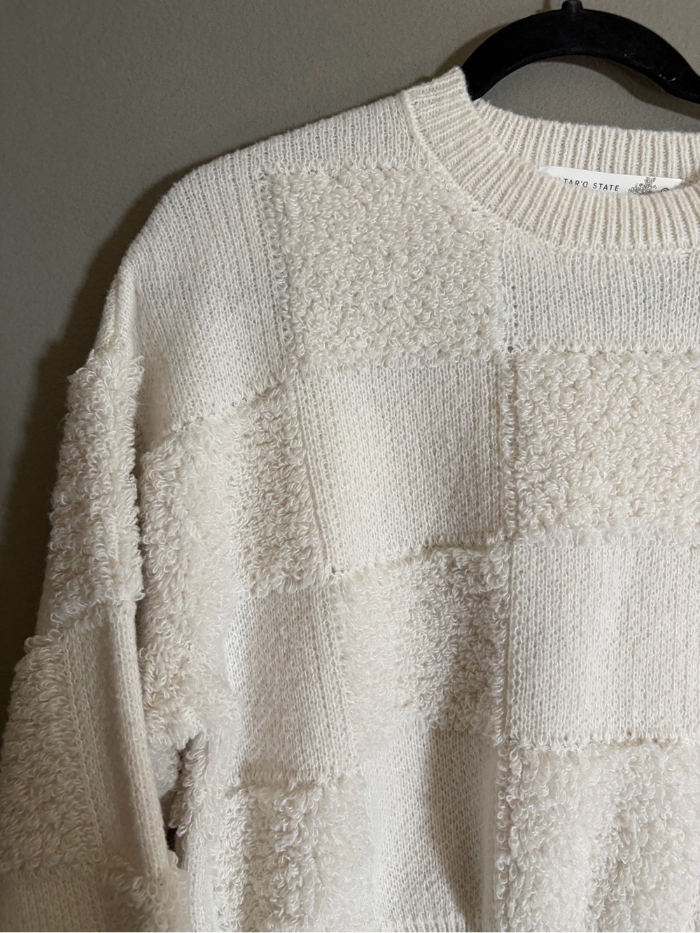 Altar’d State Cream Textured Checkerboard Sweater Cropped Balloon Sleeve Cozy - Picture 5 of 11